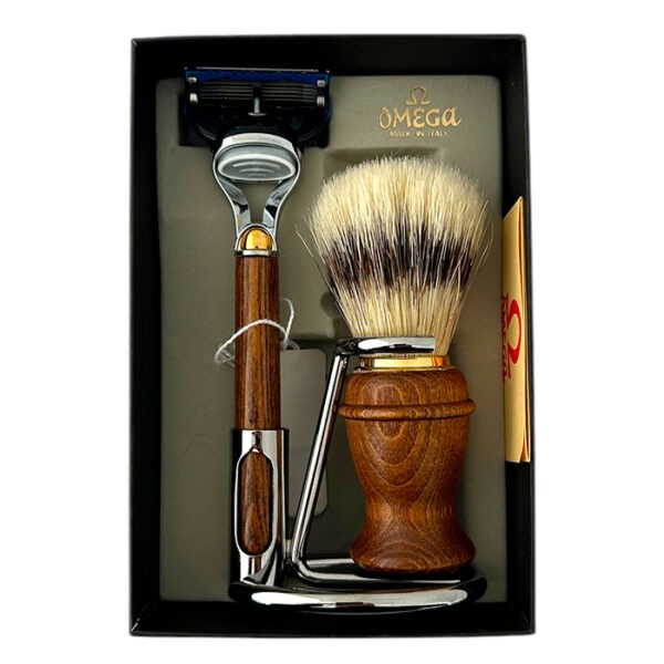 Omega Set Per Rasatura Pennello In Legno In Pura Setola + Rasoio