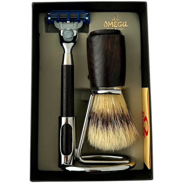 Omega Set Per Rasatura Pennello In Legno Scuro In Pura Setola + Rasoio