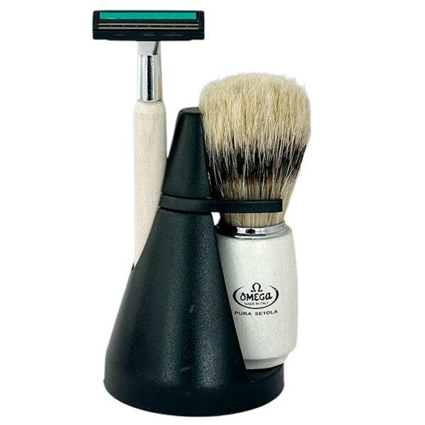 Omega Set Per Rasatura Pennello In Legno Scuro In Pura Setola + Rasoio--