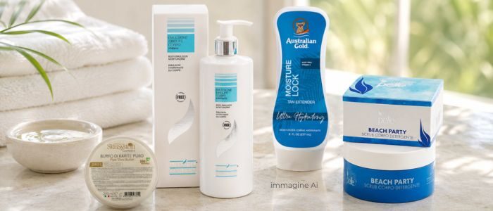 Routine corpo post-estate con emulsione Idrolife, Australian Gold Moisture Lock e Vitapelle Beach Party Scrub