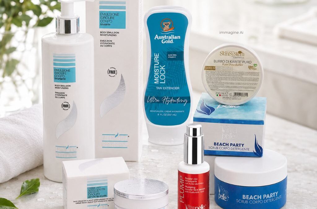 Prodotti per la routine skincare viso e corpo disposti su un piano luminoso.